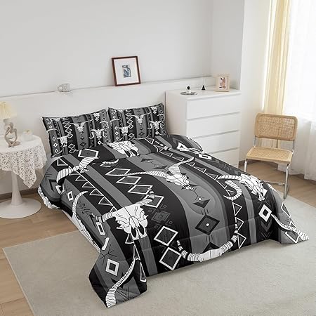 Western Boho Bedding Sets Queen Bull Skull Cowboy Quilt Set Black White Grey Southwestern Aztec Comforter Set for Teen Boys Men Ethnic Tribal Geometric Diamond Duvet Insert Southwest Room Decor 3 Pcs