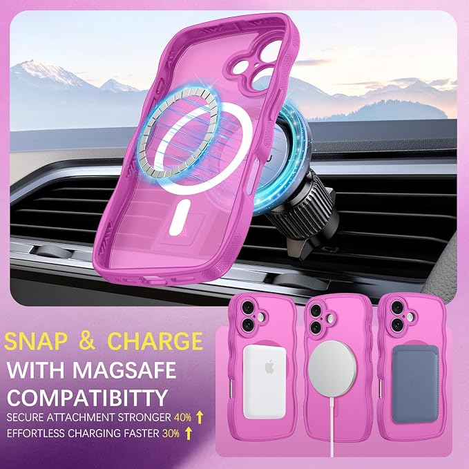 BENTOBEN Magnetic for iPhone 16 Case, Cute Wavy [Full Camera Protection][Compatible with MagSafe] Matte Anti-Slip Bumper Women Girls Boys Protective Phone Case for iPhone 16 6.3", Berry Pink