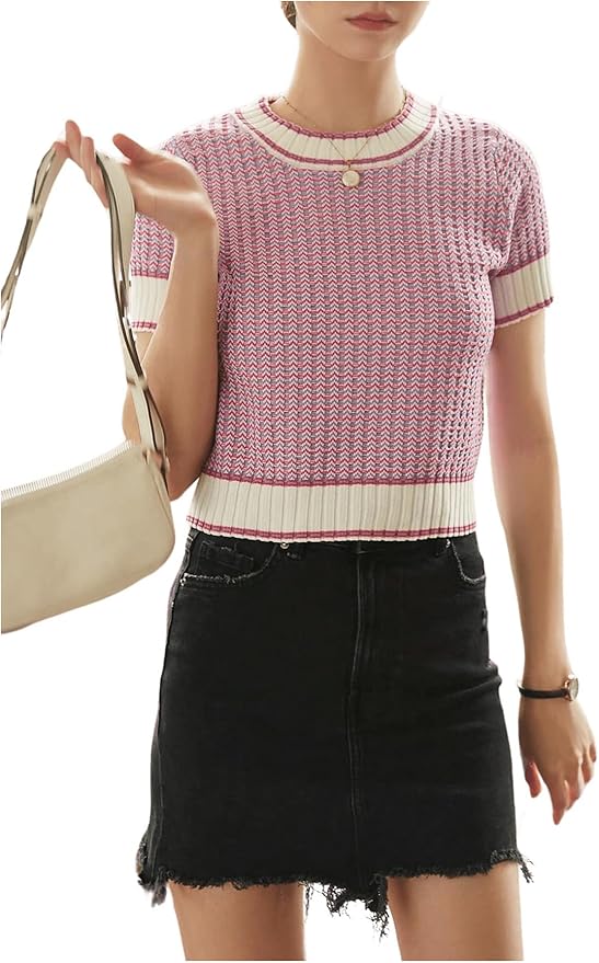 GORGLITTER Women's Colorblock Short Sleeve Sweater Ribbed Knit Striped Round Neck Pullover Tops