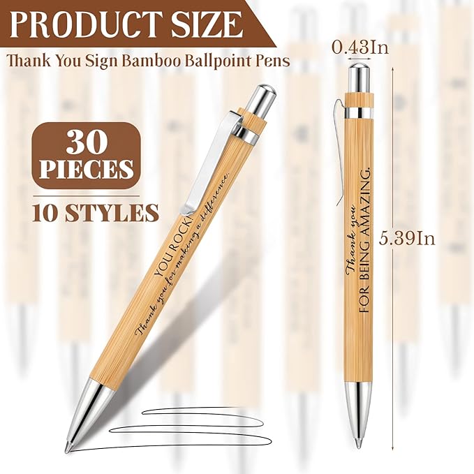 Fuutreo 30 Pcs Inspirational Bamboo Pens Thank You Wood Ballpoint Pens Graduation Employee Appreciation Gift Motivational for Office Volunteer Teacher Nurse Coworker School Black Ink, 10 Styles
