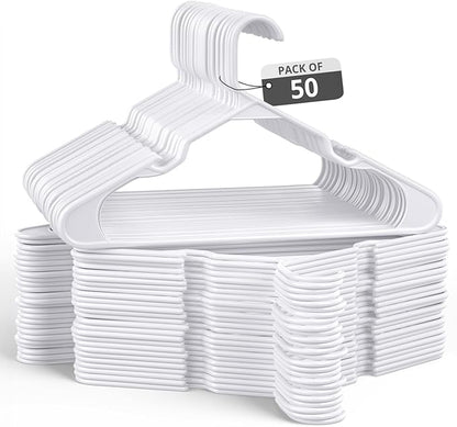 50 Pack Adult Plastic Hanger for Shirt Pants Coats Dresses Skirts Suits Jackets - Standard Thick Coat Hanger - Sturdy & Durable Design with Shoulder Grooves Hook - White