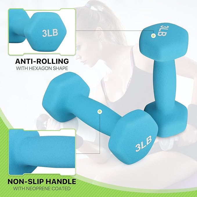 Neoprene Coated Dumbbell Hand Weights Set  1LB, 2LB, 3LB, 5LB Pairs for Strength Training and Home Workouts, Hex Shape for Stability and Non-Slip Grip