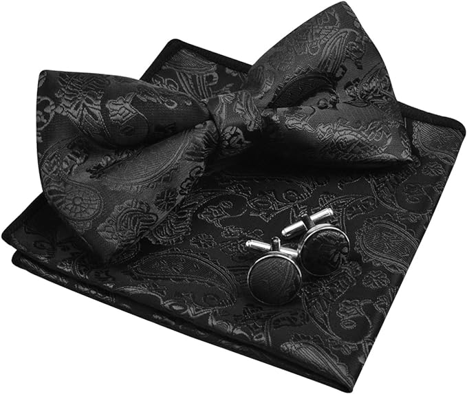 Alizeal Mens Classic Paisley Bow Tie, Hanky and Cufflinks Set
