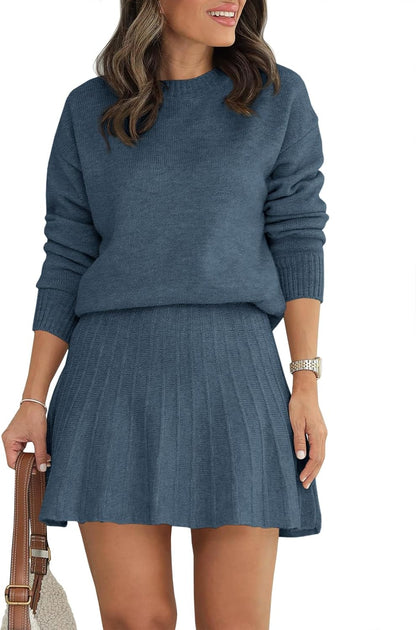 Tankaneo Womens Skirt 2 Piece Sweater Set Long Sleeve Crewneck Sweaters Pleated Mini Skirt Knit Lounge Sets