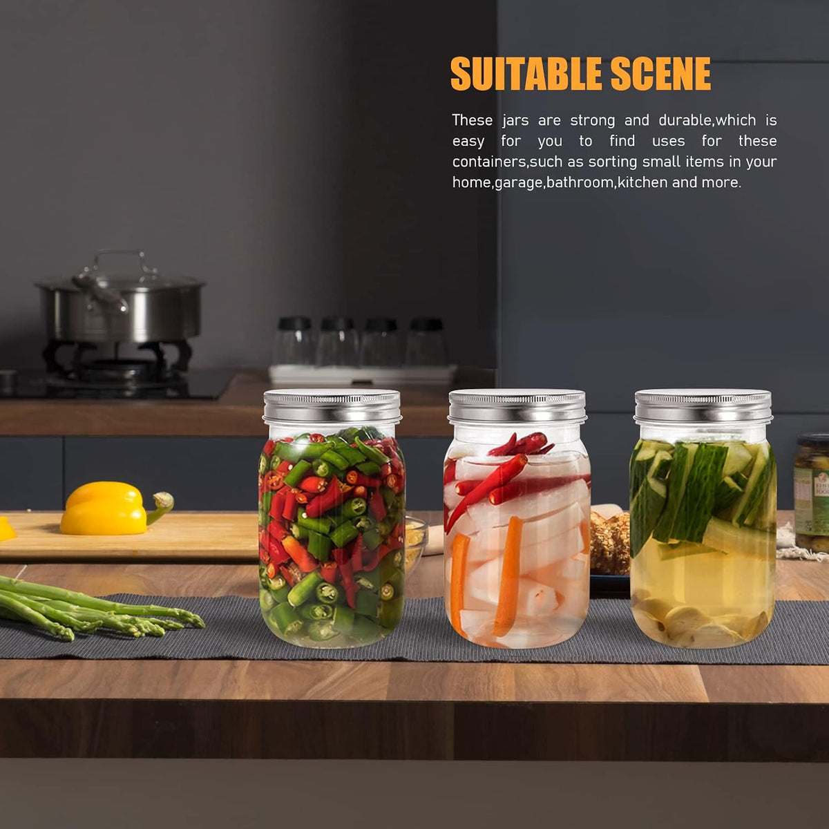 16 oz Clear Plastic Mason Jars with Metal Lids, 6 Pack