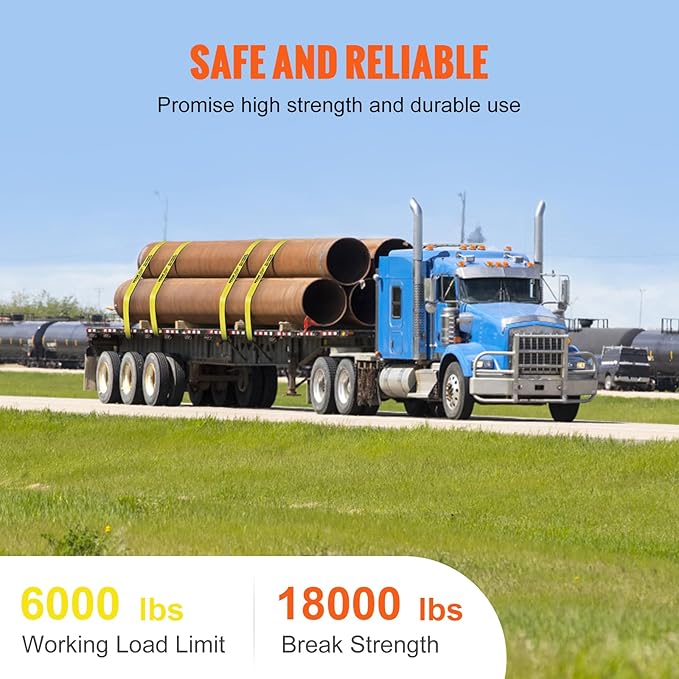 VEVOR Truck Straps, 4" x 30' Heavy Duty Tie Down w/Flat Hooks 18,000lbs Break Strength, WLL# 6000lbs, Cargo Straps tie Down for Flatbeds, Trucks, Trailers, Farms, Rescues, Tree Saver, Yellow(4 Pack)