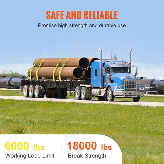 VEVOR Truck Straps, 4" x 30' Heavy Duty Tie Down w/Flat Hooks 18,000lbs Break Strength, WLL# 6000lbs, Cargo Straps tie Down for Flatbeds, Trucks, Trailers, Farms, Rescues, Tree Saver, Yellow(4 Pack)