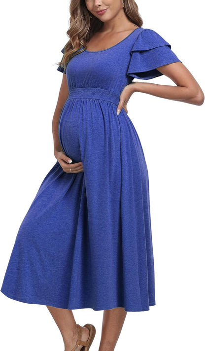 Ruffle Short Sleeve Maternity Dress High Waisted Midi Spring Baby Shower Dresses