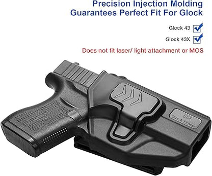 Compatible with Glock 43 Glock 43x, OWB Holster Fit G43 G43x, 360 Degrees Adjustable Belt Clip, Fit 1.5'' 1.75'' 2.0'' 2.25'' Wide Belt, Level II Retention Index Finger Release