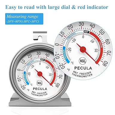 PECULA Refrigerator Thermometer Large Dial, Freezer Thermometer -30-30 Deg NE-20-80 Deg Na, Fridge Thermometer by Stainless Steel, Thermometer for Fridge Suitable for Refrigerators and Freezers