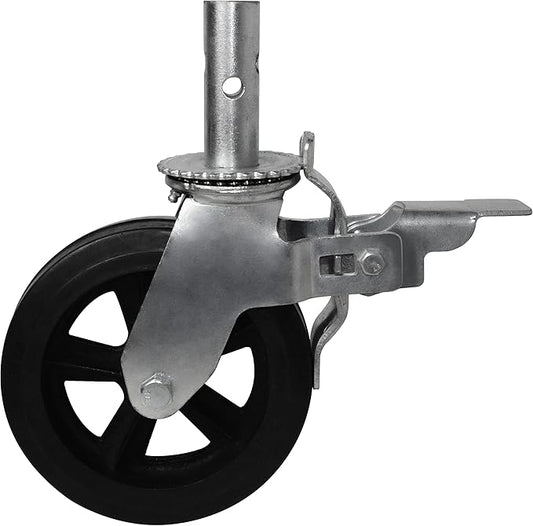 8 Inch Scaffolding Wheels, Scaffold Caster with Dual Locking Brakes, Heavy Duty 750LBS Rubber Caters 1-38" Solid Round Stem Replacement for Scaffold Workbench Shelves
