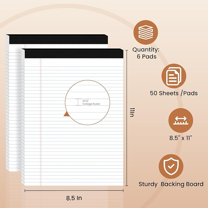 6Packs Legal Pads 8.5 x 11 Inch, 50Sheets/Pack, College Ruled & Perforated White Writing Pads, Pads of Paper 8.5 x 11, Lined Note Pads with Sturdy Backing for Office, Business & School Supplies
