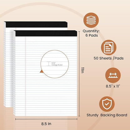 6Packs Legal Pads 8.5 x 11 Inch, 50Sheets/Pack, College Ruled & Perforated White Writing Pads, Pads of Paper 8.5 x 11, Lined Note Pads with Sturdy Backing for Office, Business & School Supplies