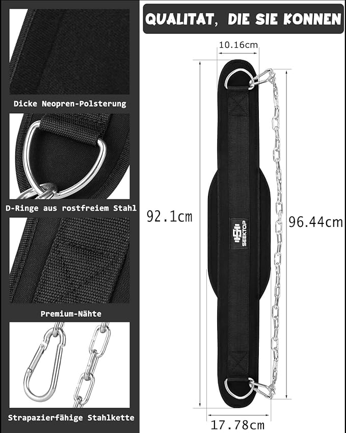Seektop Dip Belt for Weightlifting - GYM Workout Pull Ups Belt with Chain, Neoprene Waist Dip Belt Crossfit for Weight Lifting, Squat, Training, Fitness, Men  Women (Belt  Chain)