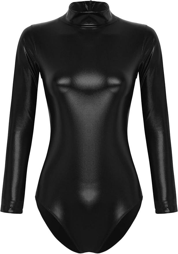 YiZYiF Womens Shiny Mock Neck Sleeveless Back Zipper Jumpsuit Gymnastic Leotard Lingerie Bodysuit