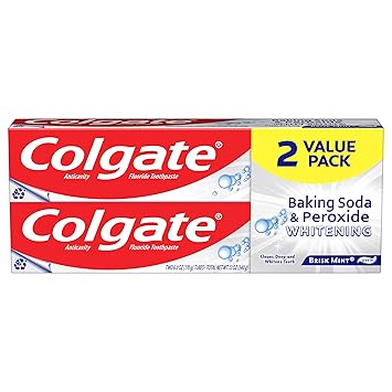 Colgate Baking Soda  Peroxide Toothpaste - Whitens Teeth, Fights Cavities  Removes Stains, Brisk Mint, 6 Ounce (Pack of 2)