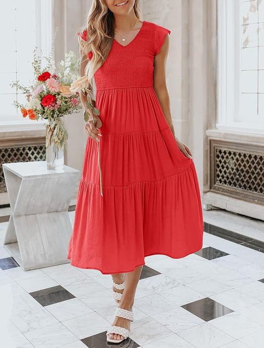 MEROKEETY Women's Flutter Sleeve Smocked Midi Dress V Neck Casual Tiered Dresses with Pockets