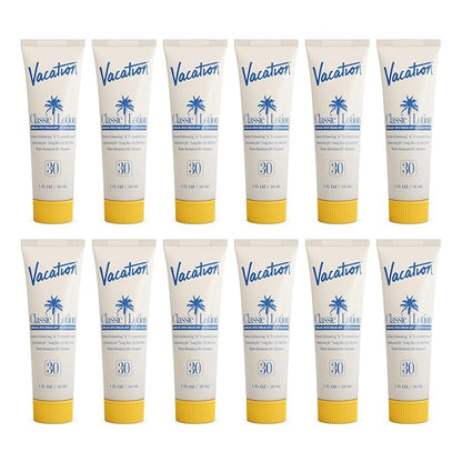Vacation Mini Classic Sunscreen SPF 30, Water-Resistant, Bulk Suntan Lotion, Bachelorette Party Favors, Beach Must Haves, Traveling Essentials, Travel Size, 1 Fl. Oz. (Value Pack of 12)