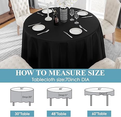 VidaFete 70inch Round Tablecloth Polyester Table Cloth,Stain Resistant and Wrinkle Polyester Dining Table Cover for Kitchen Dinning Party Wedding Rectangular Tabletop Buffet Decoration(Black)