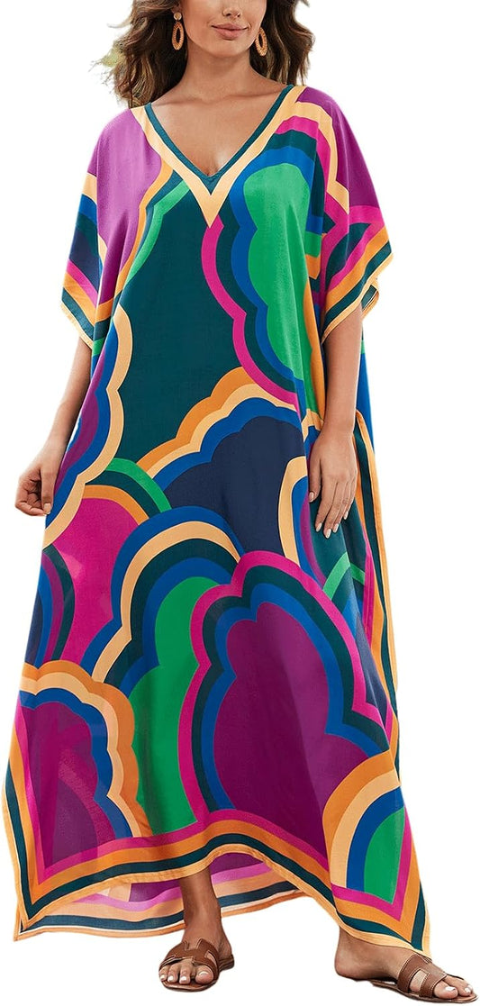 Stylish plus-size kaftan with Moroccan print, V-neck, and batwing sleeves for comfortable, breezy beach or resort wear.