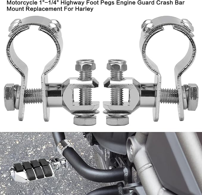 Motorcycle 1.25" Highway Footpegs Crash Bar Adjustable Clamps Mounts kit Chrome Compatible with Harley Touring Sportster Softail Road Glide Electra Glide Road King with 1 14 inch Engine Guard
