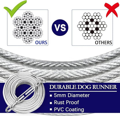 Dog Tie Out Runner for Yard,Trolley System for Large Dogs,Heavy Duty Dog Run Cable Lead 50ft with 10ft Pulley Runner Line for Small Medium and Large Dogs Up to 250lbs Running Outside Yard or Camping