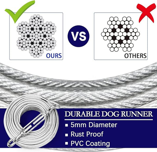 Dog Tie Out Runner for Yard,Trolley System for Large Dogs,Heavy Duty Dog Run Cable Lead 50ft with 10ft Pulley Runner Line for Small Medium and Large Dogs Up to 250lbs Running Outside Yard or Camping
