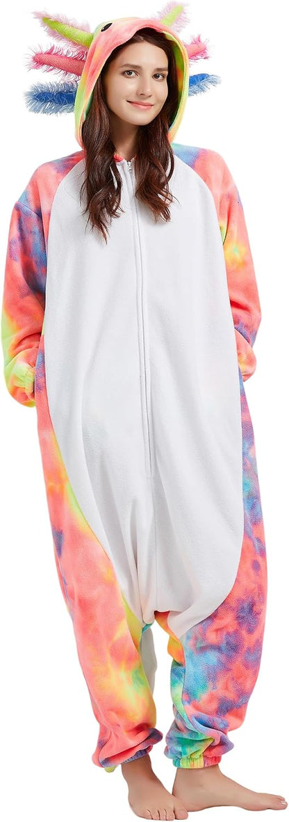 Unisex Axolotl Costume Adult Onesie, One Piece Pajamas, Halloween Cosplay Costumes Homewear Jumpsuit,Animal Onesie