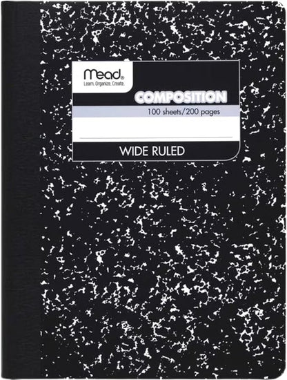 Mead Composition, Wide Ruled Comp Book, Writing Journal Notebook with Lined Paper, Home School Supplies for College Students  K-12, 9-34" x 7-12", 100 Sheets, Black Marble (09910)