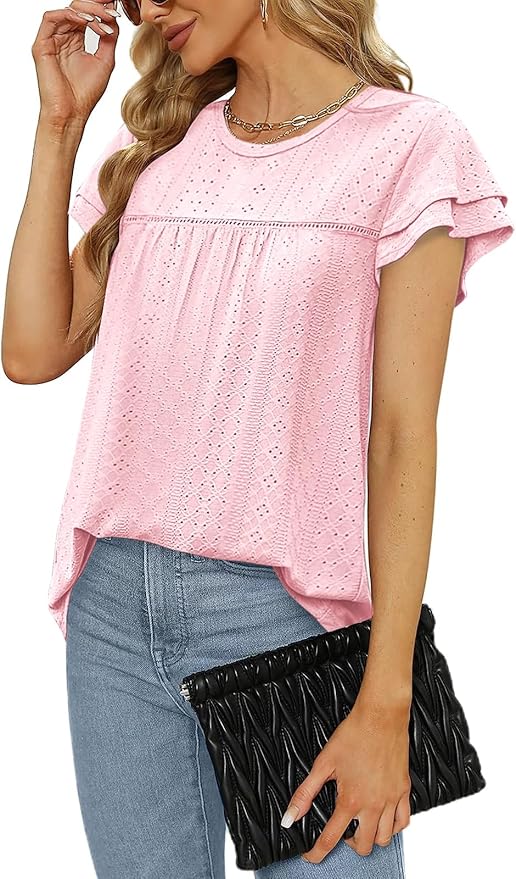 Zwurew Womens Summer Tops Crewneck Eyelet Ruffle Sleeve Blouses Casual Babydoll Shirts 2025 S-2XL