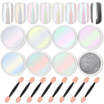 Artdone 8 Jars Chrome Nail Powder Magic White Pearl Kit Mirror Effect Silver Metallic Holographic Dip Nail Powder For Resin Craft & Nail Art Fimo, Decoration Iridescent Aurora Mermaid Pigment