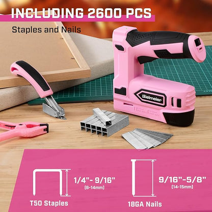 Pink Cordless Staple Gun, 2-in-1 Nail Gun Battery Powered - 4V Brad Nailer Tacker Electric Stapler for Upholstery, Material Repair, Carpentry, Wood, DIY