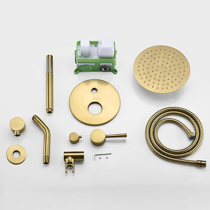 Sumerain Brushed Gold Shower Faucet System with high pressure 8 Inches rain shower head and brass hand shower, Rough-In Valve Body and Trim Included