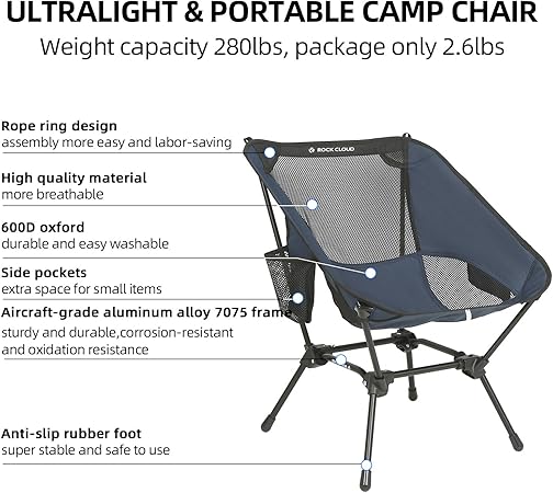 ROCK CLOUD Portable Camping Chair Ultralight Folding Chairs Outdoor for Camp Hiking Backpacking Lawn Beach Sports, Navy