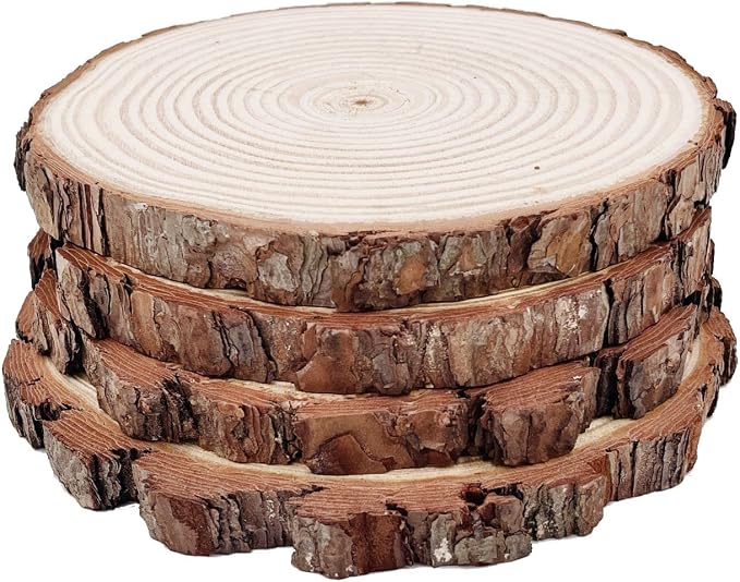 Natural Round Discs Rustic Wood Slices 4 PCS 4-5 inch Unfinished Wood kit Circles Crafts Tree Slices with Bark Log Discs for DIY Arts and Wedding Party Potluck Banquet Ornaments Decorations