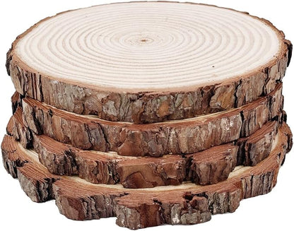 Natural Round Discs Rustic Wood Slices 4 PCS 4-5 inch Unfinished Wood kit Circles Crafts Tree Slices with Bark Log Discs for DIY Arts and Wedding Party Potluck Banquet Ornaments Decorations