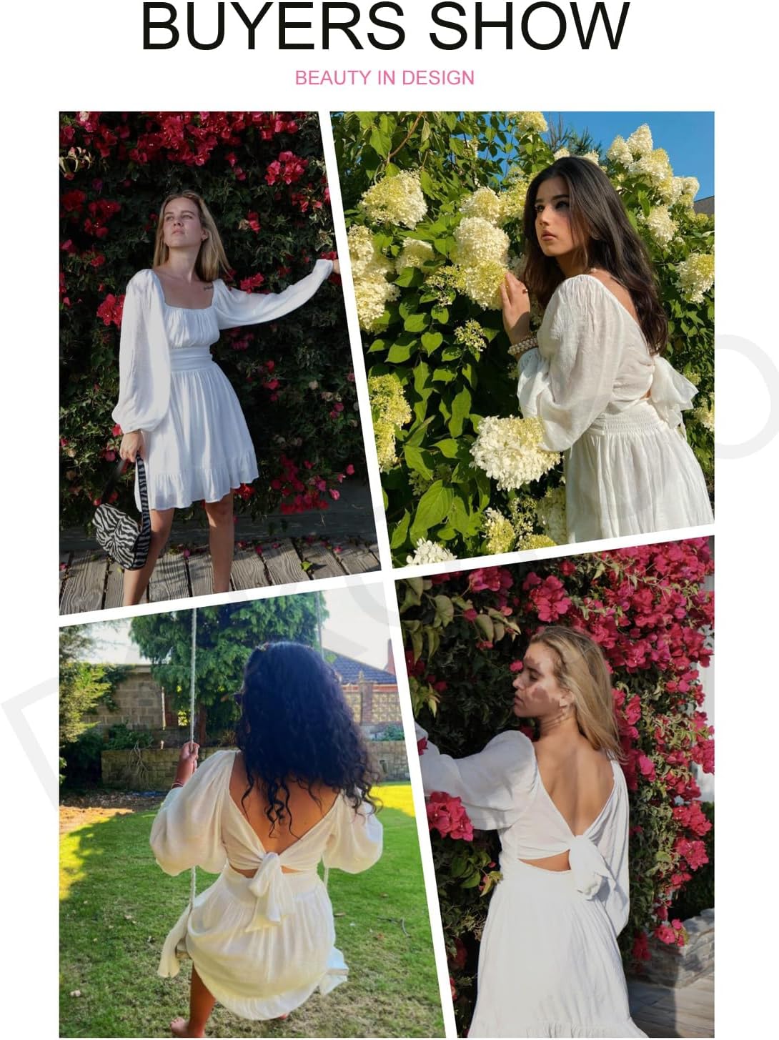 Womens Dress Long Lantern Sleeve Square Neck Tie Backless Sexy Dress Ruffle Elastic Waist A-Line Mini Dress