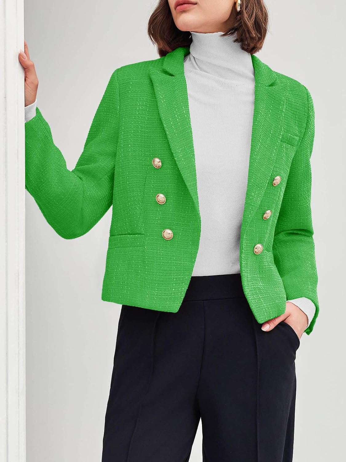 Cicy Bell Women Cropped Tweed Blazer Jackets Lapel Open Front Long Sleeve Business Suit Jackets with Pocket
