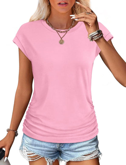 SAMPEEL Womens Summer Tops Trendy 2025 Ruched Cap Short Sleeve Tshirts Shirts Crew Neck T Shirts Fashion
