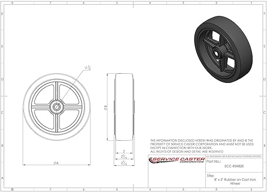 8" x 2" Rubber on Cast Iron Wheel Only with Roller Bearing - 12" Bore - 650 lbs Capacity per Wheel - Service Caster Brand