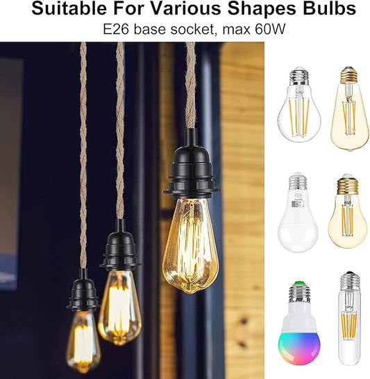 Simple Deluxe 15FT Pendant Light Cord, Suitable E26 Socket with Switch, Twisted Hemp Rope Plug in Hanging Light Kit, for Industrial Retro DIY Decoration