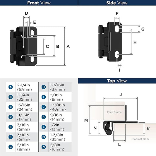 Amerock Cabinet Hinge 12 inch (13 mm) Overlay Hinge Matte Black 2 Pack Self-Closing Hinge Partial Wrap Hinge Cabinet Door Hinge