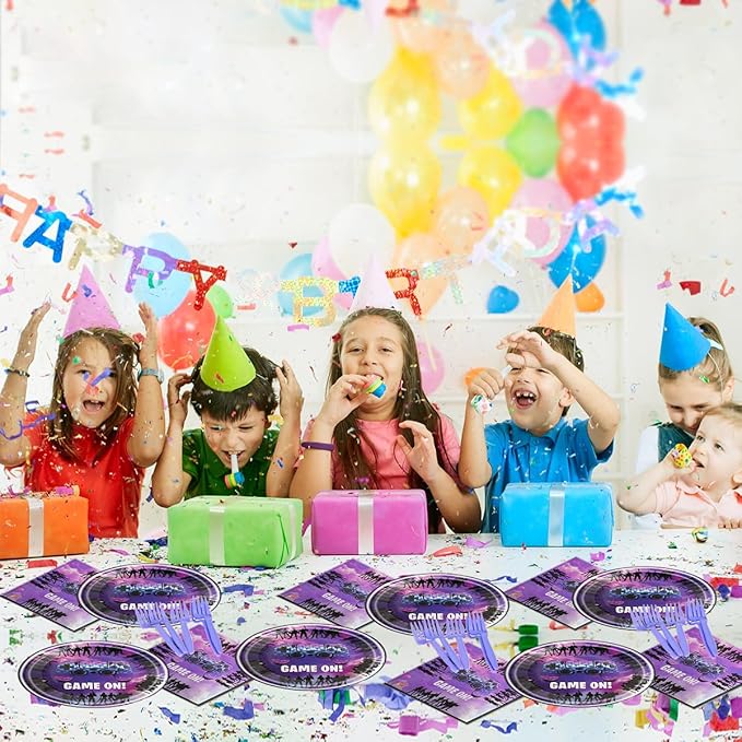 Video game party tableware set, includes 20 plates and 20 napkins, birthday decoration for video game themed parties, baby shower