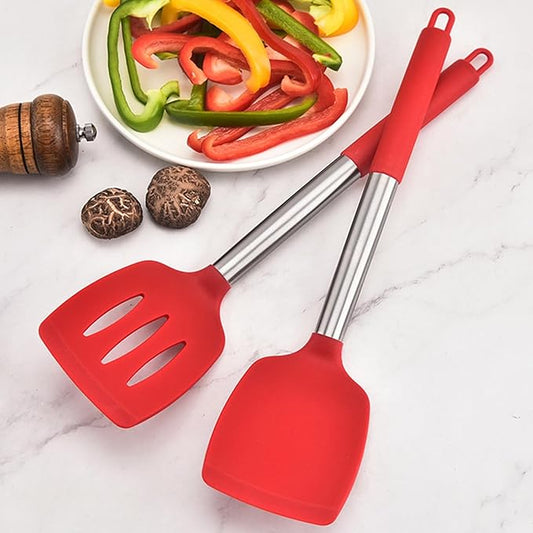2Pcs Silicone Spatula Slotted Cooking Spatula Food Grade Heat Resistant Dishwasher Safe Frying Fish Eggs Non-stick Pot Cooking Turner Cookware Utensils Kitchen Supplies Black