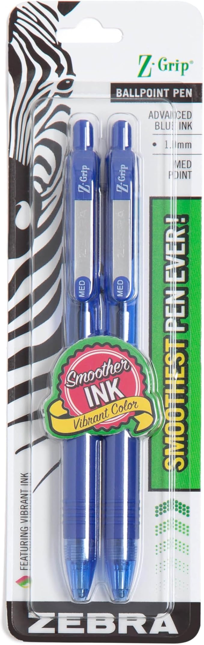Zebra, Z-Grip Retractable Ballpoint Pen, 1.0mm, Blue, 2 Pack(22222)