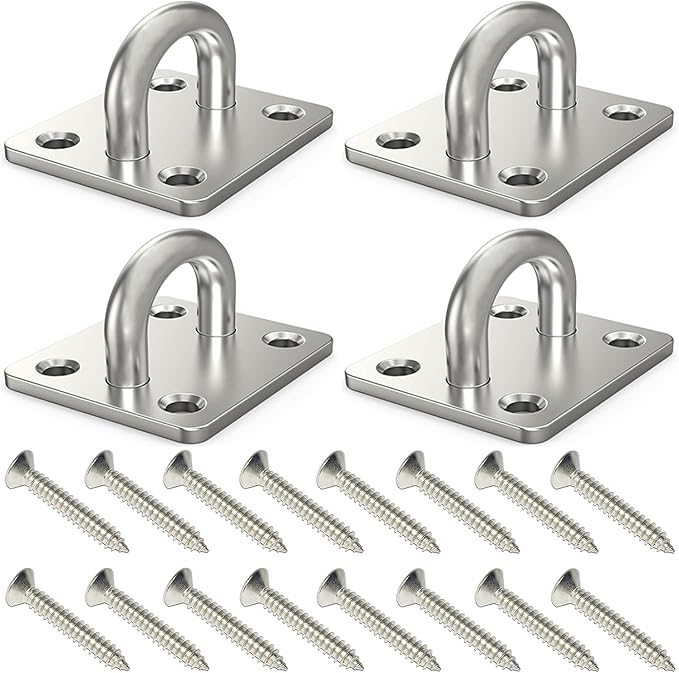 4 Pcs 2 x 1.6 Inch 304 Stainless Steel Ceiling Hooks Pad Eyes Plate Marine Hardware Hooks with Screws