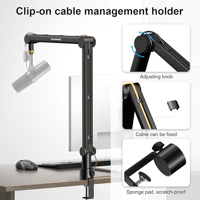 Aokeo Mic Arm, Boom Arm Microphone Stand Desk with Mount Clamp Cable Management Channels Detachable Riser 5/8" Thread Adapter for Blue Yeti Snowball Hyper X QuadCast SoloCast AT2020 Shure SM7B MV7