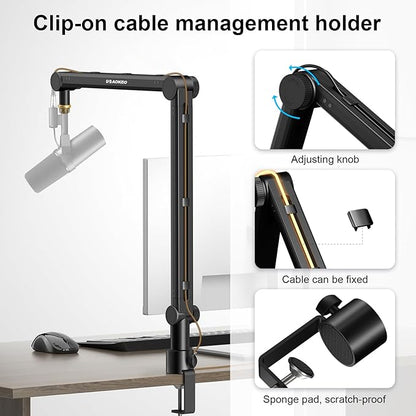 Aokeo Mic Arm, Boom Arm Microphone Stand Desk with Mount Clamp Cable Management Channels Detachable Riser 5/8" Thread Adapter for Blue Yeti Snowball Hyper X QuadCast SoloCast AT2020 Shure SM7B MV7