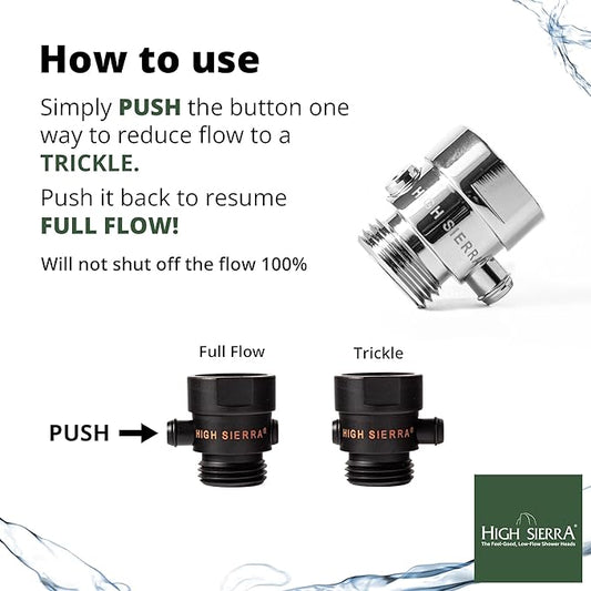 High Sierra® - Shower Head Pause & Pressure Control Valve - Solid Metal – Push-Button Valve Easily Controls the Flow of Water or Shuts It Off to Just a Trickle - Polished Chrome Finish