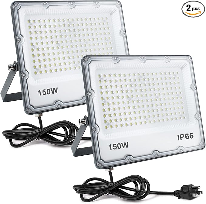 150W LED Flood Lights Plug in, Outdoor Security Lights Fixtures 6500K 15000LM Illumination, IP66 Waterproof White Lighting for Ball Ground, Parking Lot, Pathway, Yard (2 Pack)
